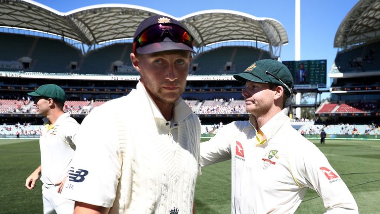 Joe Root congratulates Steve Smith after Australia's 120-run win in Adelaide
