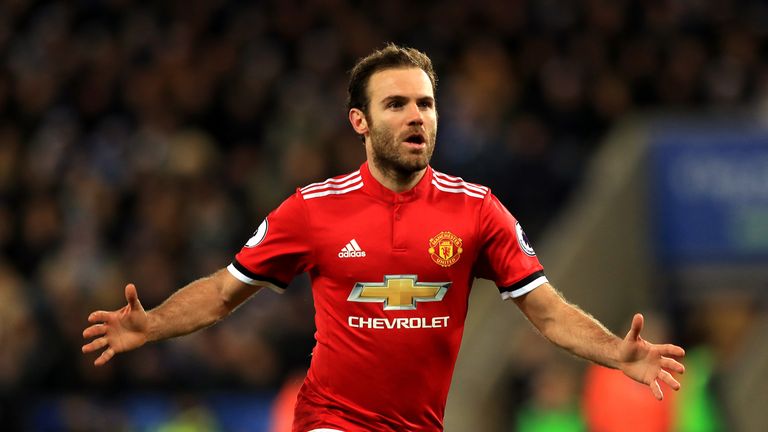 Juan Mata celebrates after giving Manchester United a 2-1 lead at the King Power Stadium