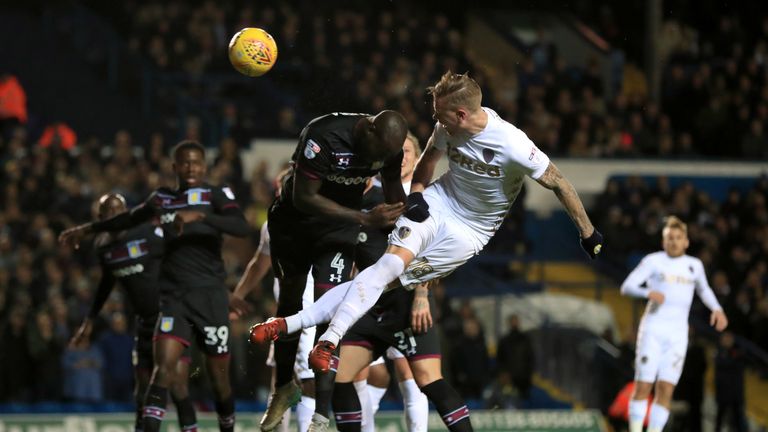 Leeds United's Pontus Jansson scores his side's first goal of the game v Aston Villa, Sky Bet Championship