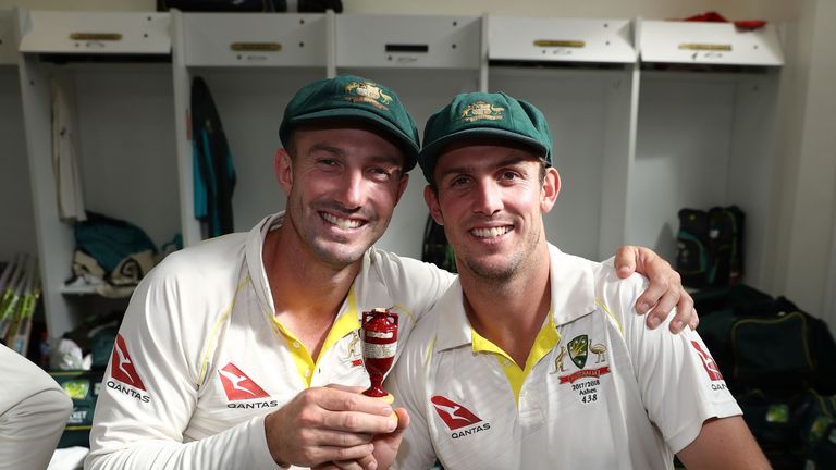 Mitchell Marsh (right) celebrates regaining the Ashes alongside brother Shaun