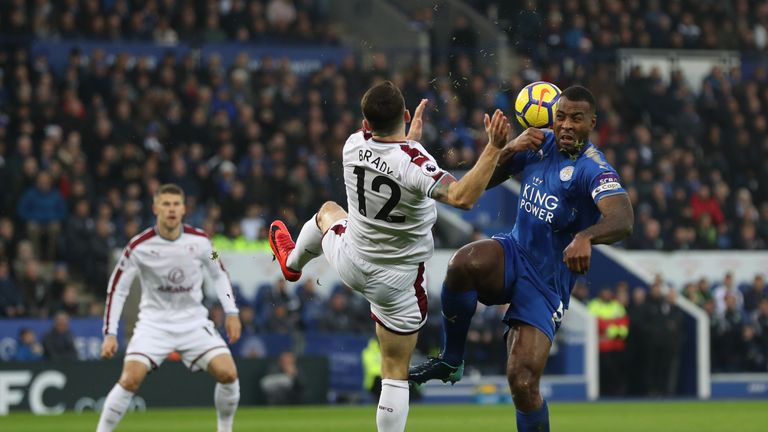 Robbie Brady (left) and Wes Morgan battle for the ball