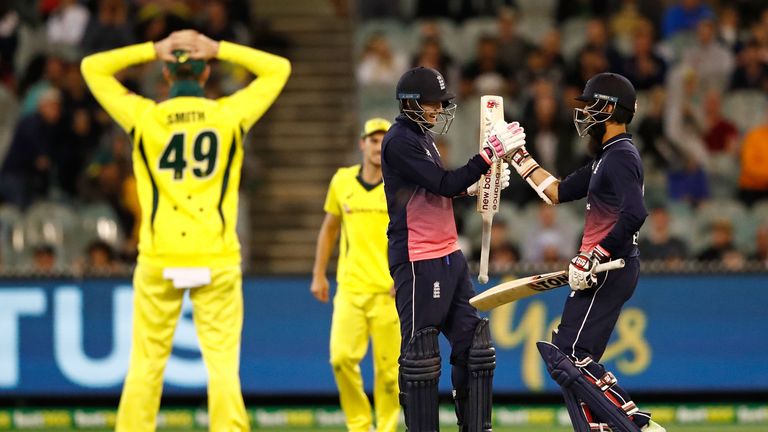 Joe Root and Moeen Ali celebrate after hitting the winning runs