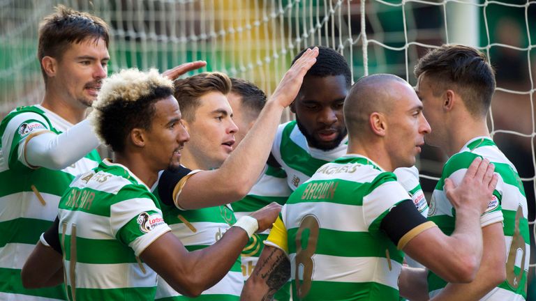 Celtic's James Forrest (centre) celebrates his goal with his team-mates