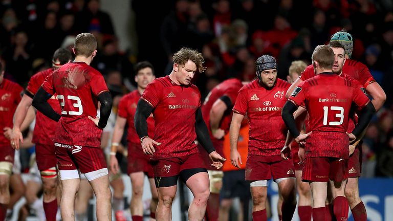 A dejected Munster pack as they blew a 17-0 lead to lose in Belfast