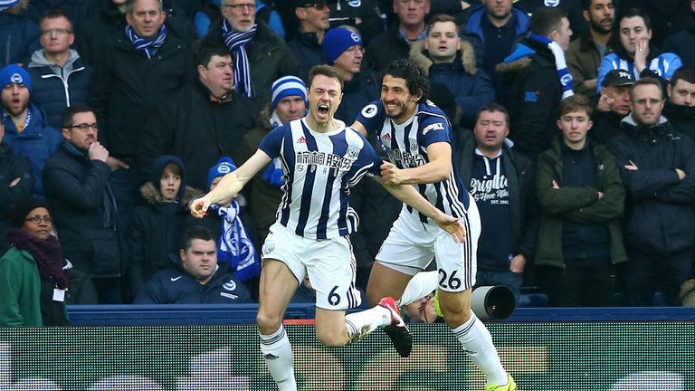 Jonny Evans celebrates after scoring for West Brom