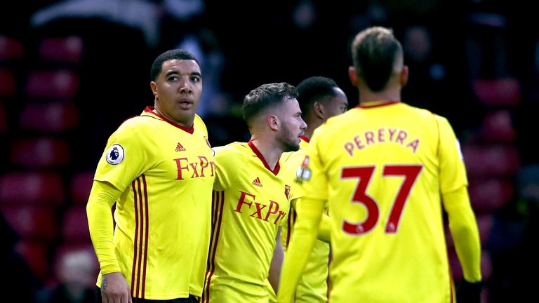 Troy Deeney celebrates scoring Watford's second against Bristol City