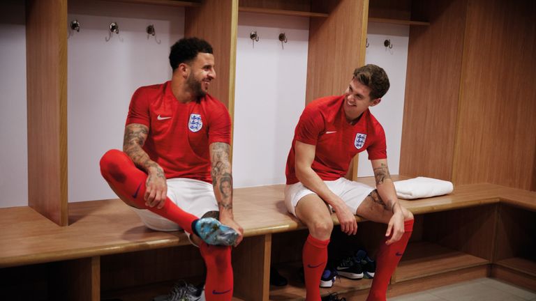 Kyle Walker and John Stones, seen here in the new England away kit, will hope to be part of England's defence during the 2018 World Cup