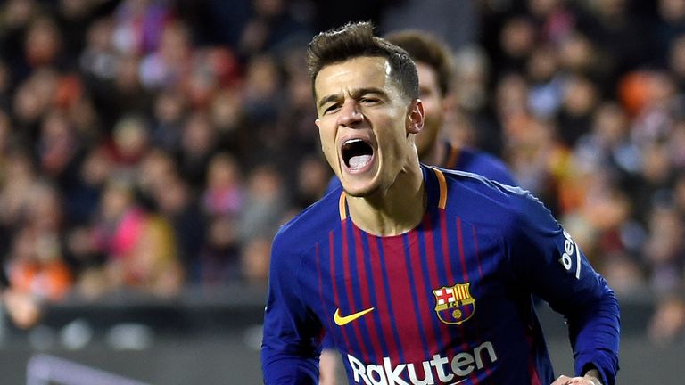 Barcelona's Brazilian midfielder Philippe Coutinho celebrates his first goal