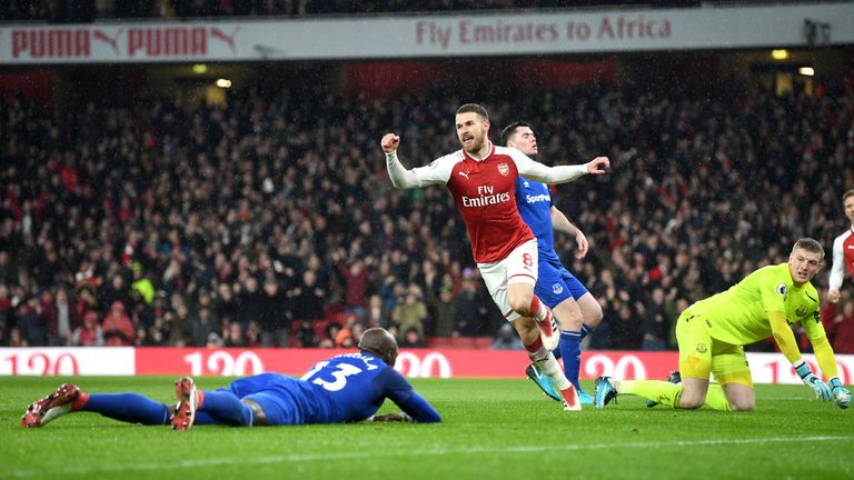 Arsenal's Aaron Ramsey celebrates one of his three goals on Saturday
