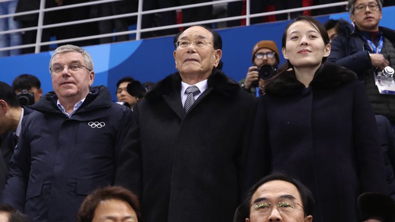 IOC President Thomas Bach (L), North Korean ceremonial head of state Kim Yong Nam (C) and Kim Yo-jong, sister of North Korea leader Kim Jong-un (R)