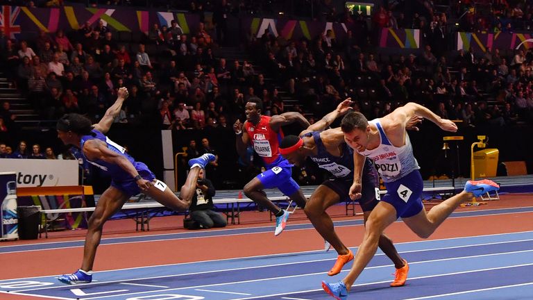 It was a desperate late dip for Pozzi in the 60m hurdles final