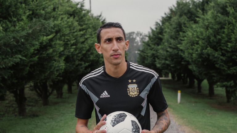 Angel Di Maria models the new Argentina World Cup 2018 away shirt (credit: adidasUK)
