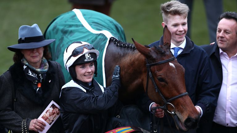 Katie Walsh with Relegate after their victory in the Champion Bumper at Cheltenham