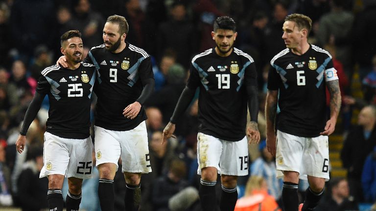 West Ham forward Manuel Lanzini celebrates after scoring Argentina's second goal against Italy