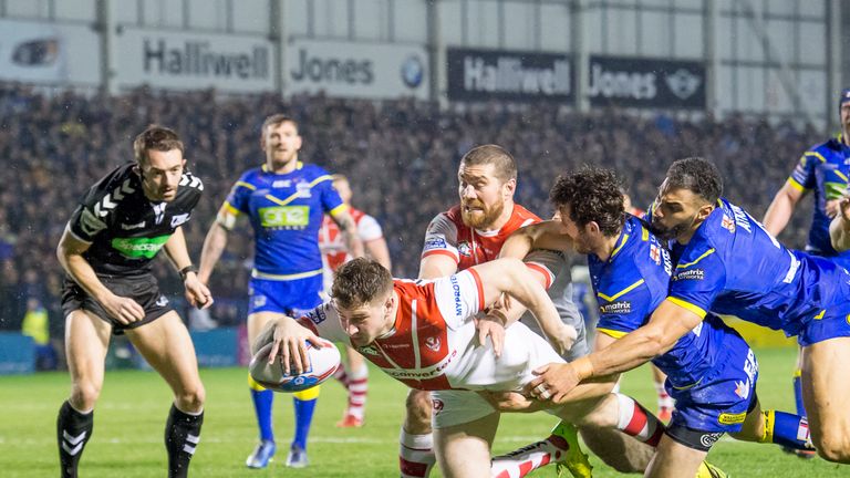 Mark Percival crosses for one of his three tries for Saints
