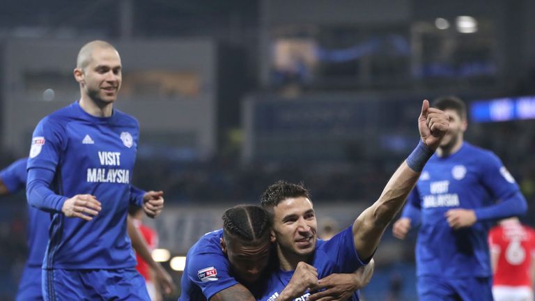 Marko Grujic celebrates scoring Cardiff's second goal of the game against Barnsley