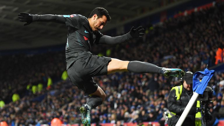 Pedro celebrates his winning goal at the King Power Stadium