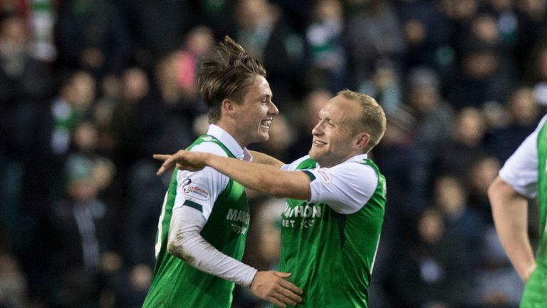 Hibernian's Scott Allan (left) celebrates his goal with teammate Dylan McGeouch.