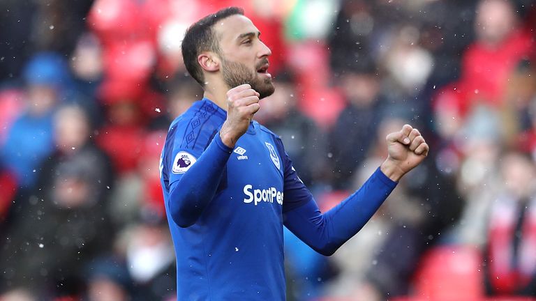 Cenk Tosun reacts after scoring for Everton against Stoke in the Premier League.