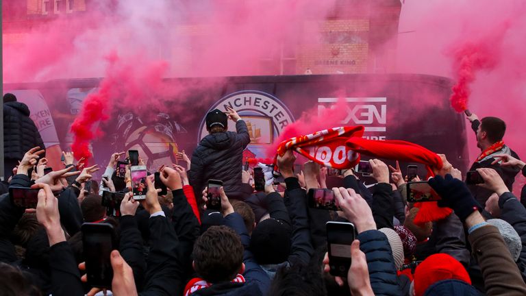 City's bus was damaged after being hit by projectiles ahead of the match