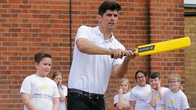 Cook visits a primary school for the Yorkshire Tea National Cricket Week