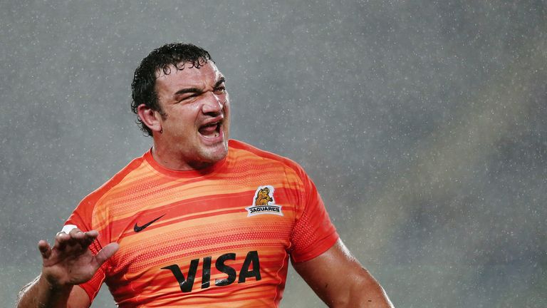 Jaguares' Agustin Creevy celebrates victory over the Blues in Auckland