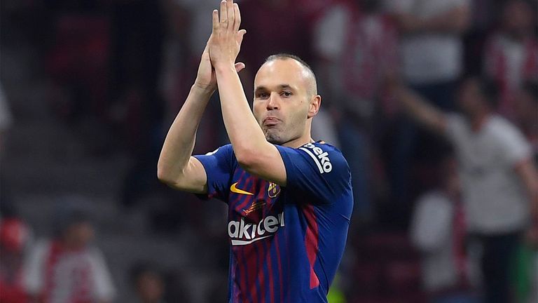 Andres Iniesta applauds the Barcelona fans during the Copa del Rey final win over Sevilla
