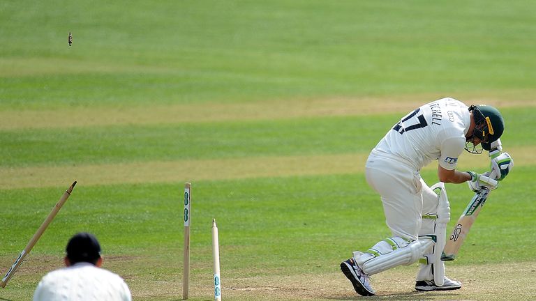 Gregory smashed Daryl Mitchell's stumps on day three at Taunton