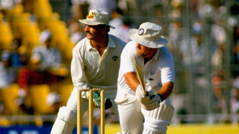England's Mike Gatting is dismissed by Australia playing a reverse sweep