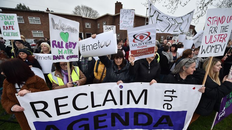 Protesters demonstrated outside Kingspan Stadium ahead of Ulster's PRO14 game with the Ospreys on Friday