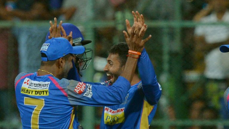 Shreyas Gopal (R) celebrates the wicket of Virat Kohli (Credit: AFP)