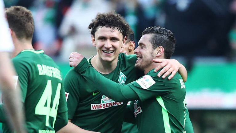 Werder Bremen duo Milos Veljkovic and Zlatko Junuzovic celebrate beating Frankfurt