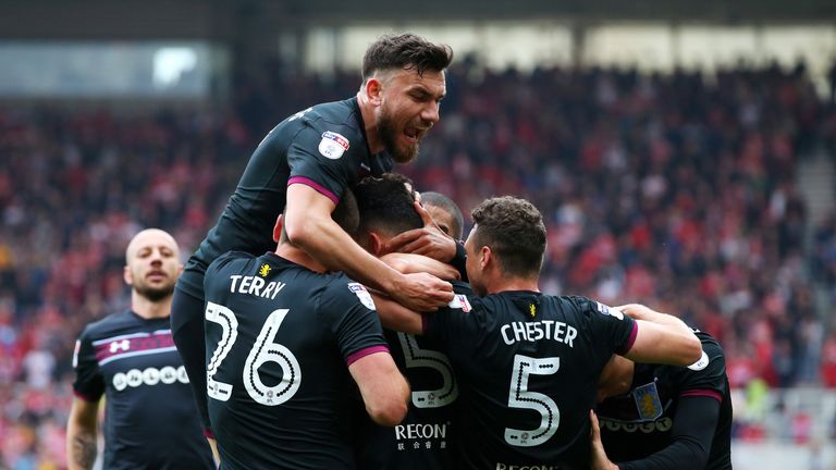 Villa celebrate scoring the only goal at the Riverside Stadium