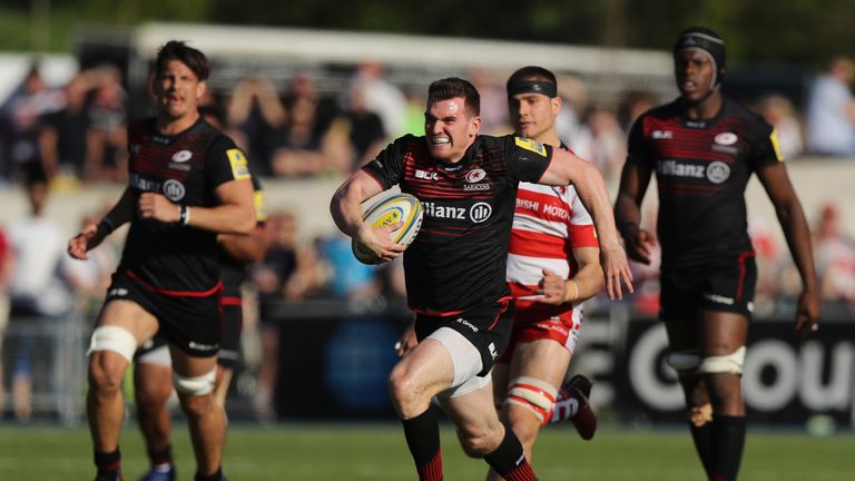 Ben Spencer breaking away for one of Saracens' tries