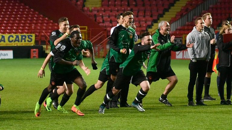 The University of Greenwich team celebrates victory in a penalty shootout to win the Charlton v Homophobia tournament (images courtesy of Keith Gillard)