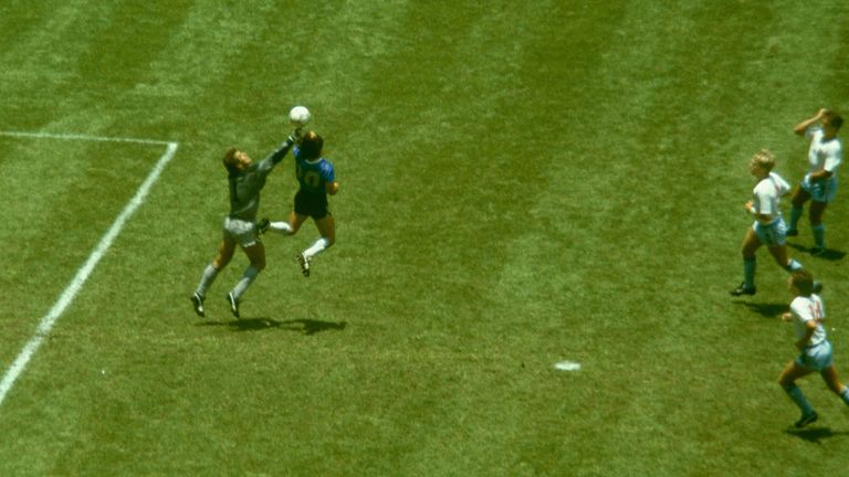 One of Diego Maradona's most-famous moments in his career - scoring with the infamous 'Hand of God' against England