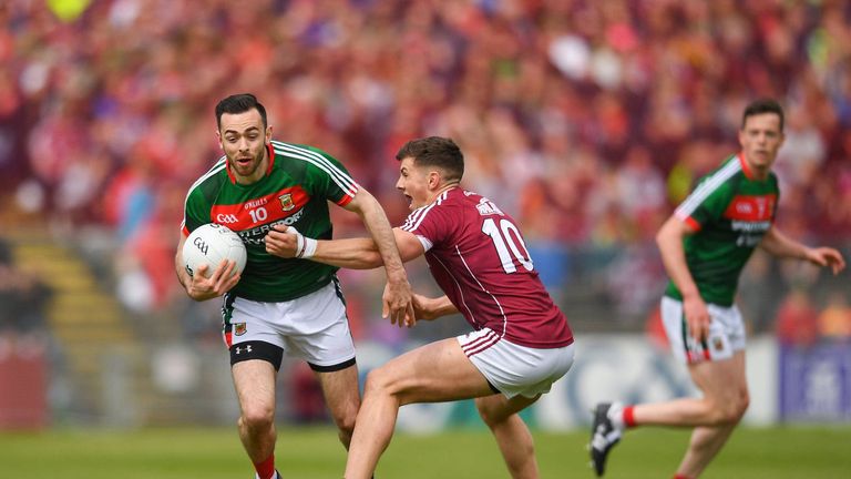 Kevin McLoughlin of Mayo in action against Shane Walsh of Galway. Photo by Eoin Noonan/Sportsfile