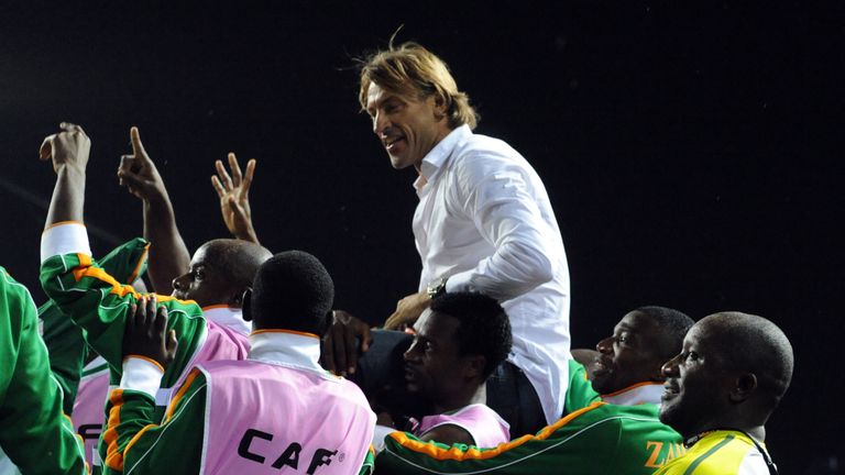 Renard being carried aloft after winning the Africa Cup of Nations with Zambia