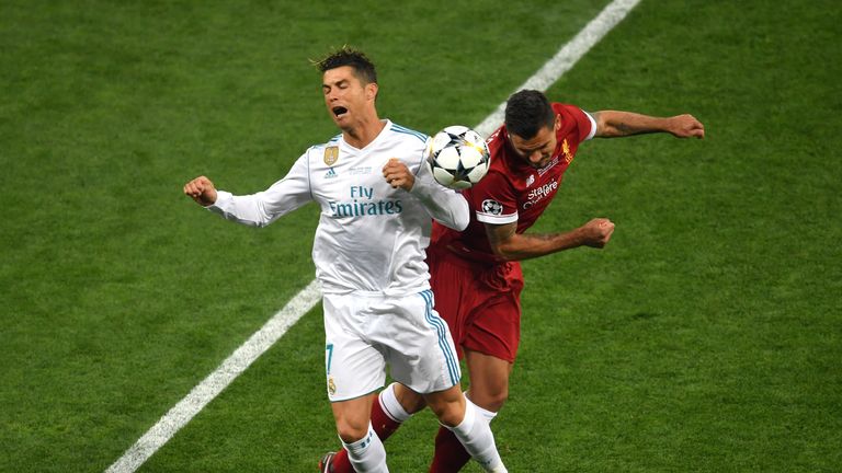 Dejan Lovren battles with Cristiano Ronaldo