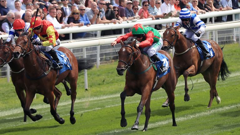 Signora Cabello (green and red silks), ridden by Jason Hart, wins at York
