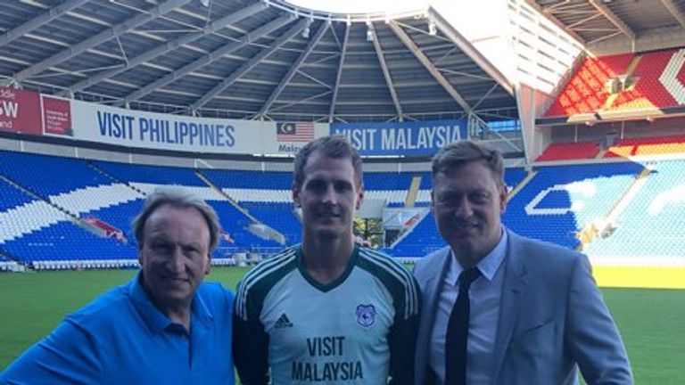 Neil Warnock, Alex Smithies and his agent Andy Evans at Cardiff City Stadium