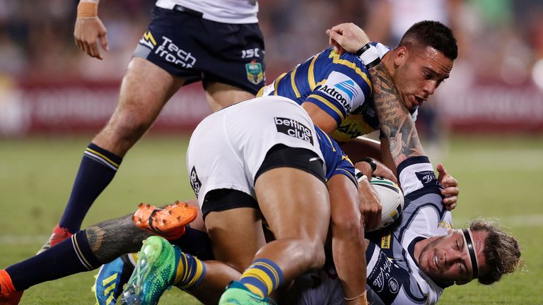 The Cowboys' Ethan Lowe is shackled by the Eels' defence during their recent NRL clash