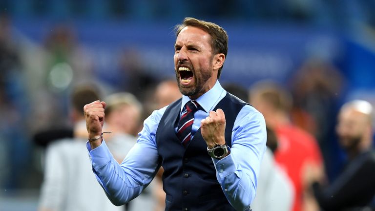 Southgate celebrated the victory passionately at full time in front of the England fans