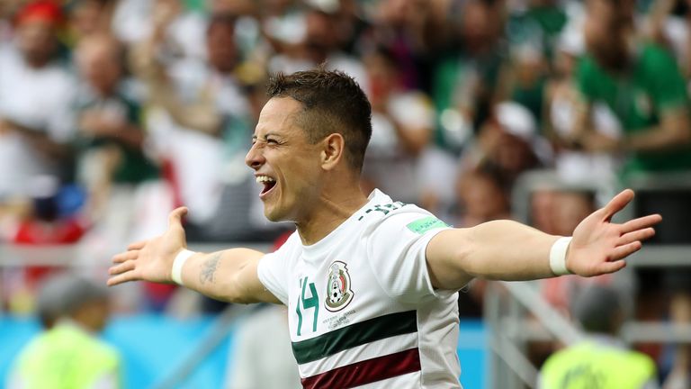 Javier Hernandez celebrates after reaching 50 goals for Mexico