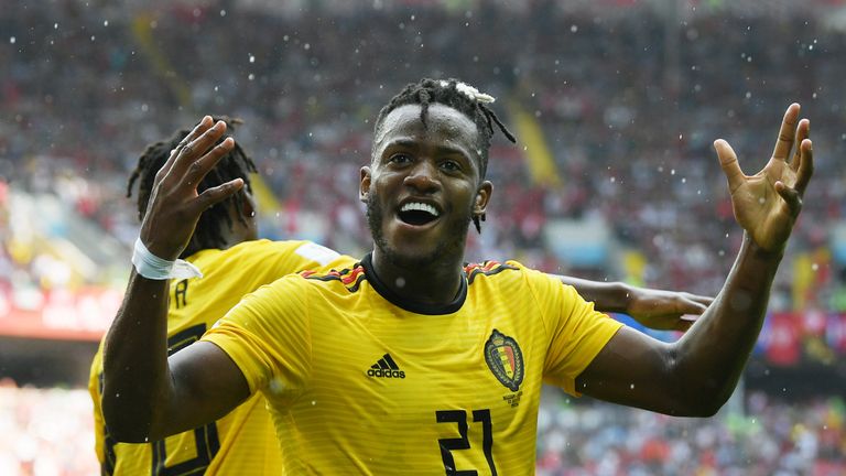 Michy Batshuayi celebrates after scoring Belgium's fifth goal