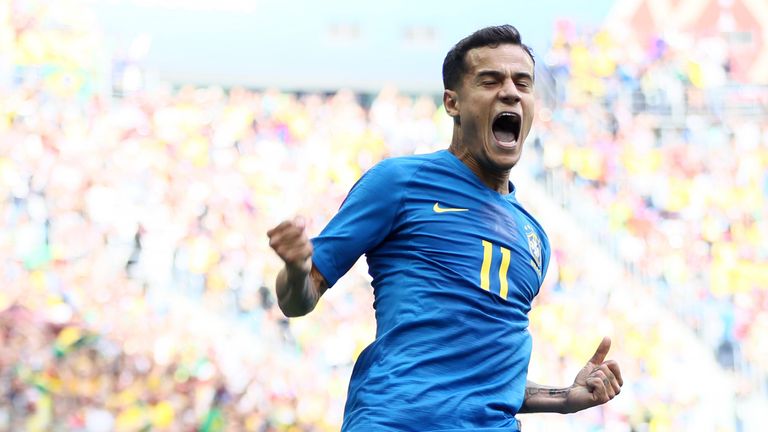 Philippe Coutinho celebrates scoring Brazil's first goal