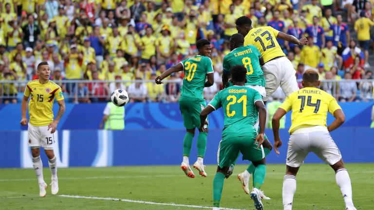 Yerry Mina climbs highest to head Colombia into a 1-0 lead
