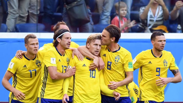 Emil Forsberg (C) celebrates his goal with team-mates