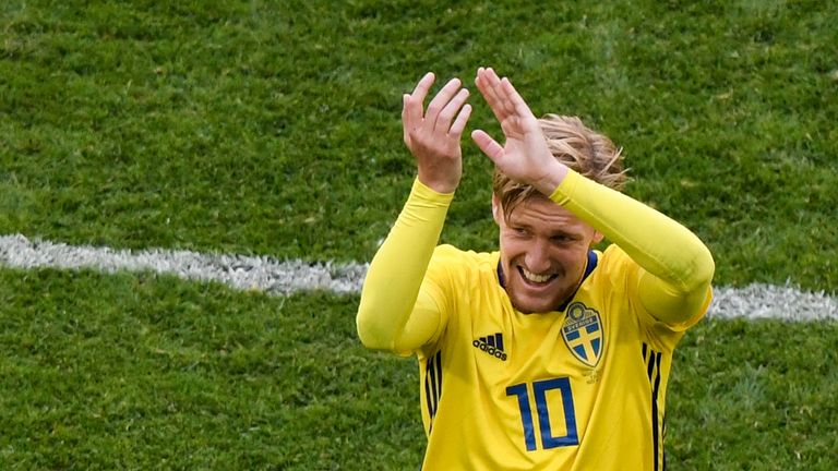 Emil Forsberg applauds supporters as he leaves the pitch in the second-half