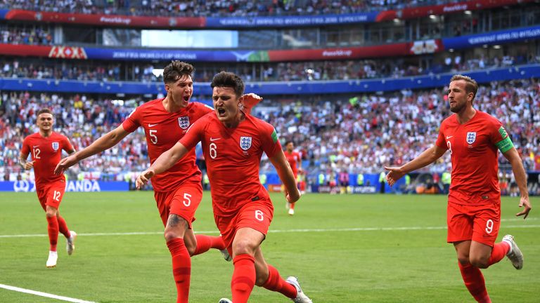 Harry Maguire celebrates his headed goal on the half-hour mark in Samara